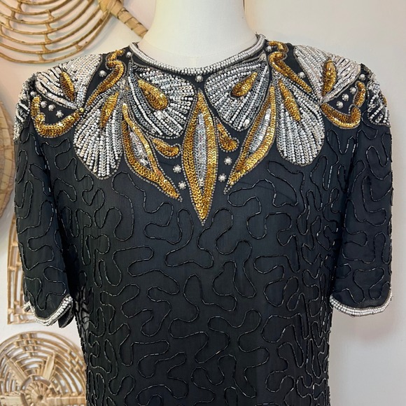 Vintage Laurence Kazar Black Silk Beaded Sequin Evening Blouse Party Top Size S - Picture 2 of 10